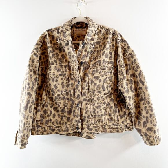 Free People Leopard Print Oversized Opal Swing Denim Jacket Brown Small - Picture 4 of 5
